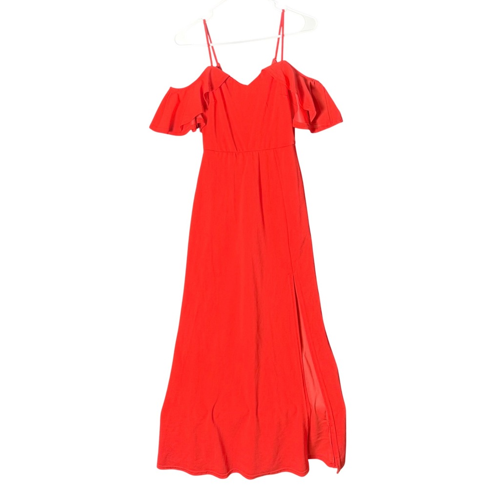 TRAC SMALL Red Cold Shoulder Maxi Dress Ruffle V-Neck High Slit Formal Gown